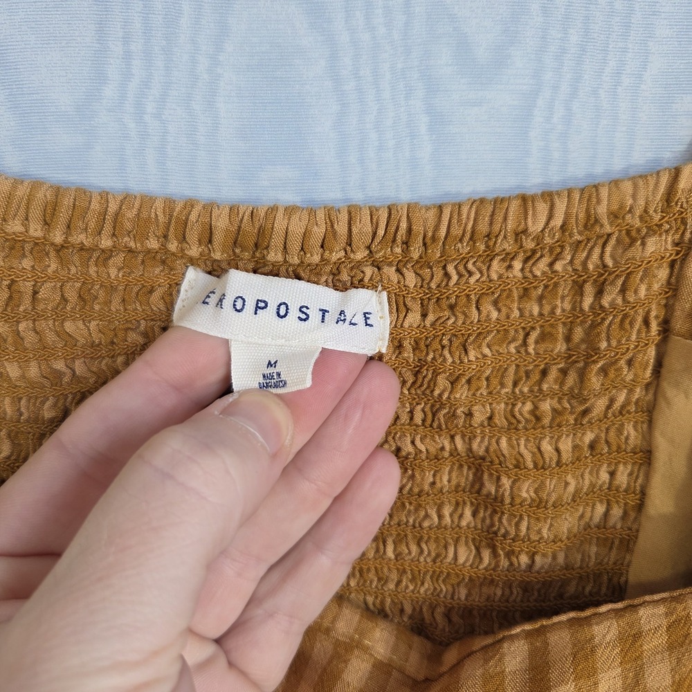 Aeropostale Mini Dress M Smocked Gingham Mustard Spaghetti Strap Twee Picnic - Picture 3 of 5